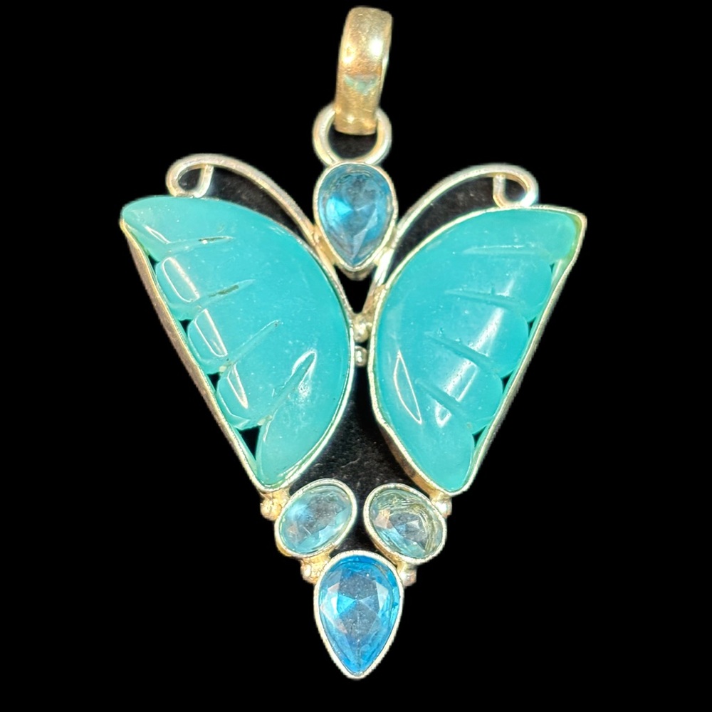 Blue Gem Stones and .925 Silver Overlay Butterfly Pendant